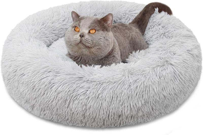Photo 1 of  Dog Bed, Comfortable Round Donut Cuddler Pet Bed, Self-Warming Faux Fur Dog Cat Bed, Soft Plush Calming Bed For Small Dogs And Cats 23" X 23", Light Grey
