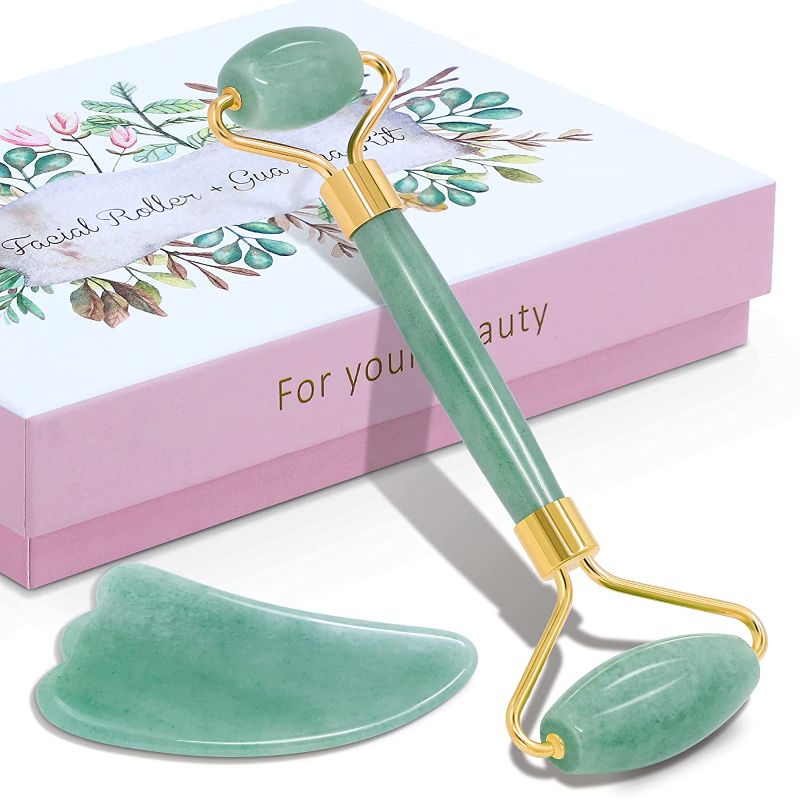 Photo 1 of APOKE Gua Sha Set,100% Real Jade Roller for Face and Body Skin, Gua Sha Massage Tool Reduces Eye, Face Puffiness, Fine Lines and Wrinkles, Relaxing Muscles, Lymphatic Drainage Massage Jade Roller Kit PACK OF 2