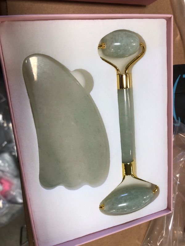 Photo 1 of APOKE Gua Sha Set,100% Real Jade Roller for Face and Body Skin, Gua Sha Massage Tool Reduces Eye, Face Puffiness, Fine Lines and Wrinkles, Relaxing Muscles, Lymphatic Drainage Massage Jade Roller Kit PACK OF 2