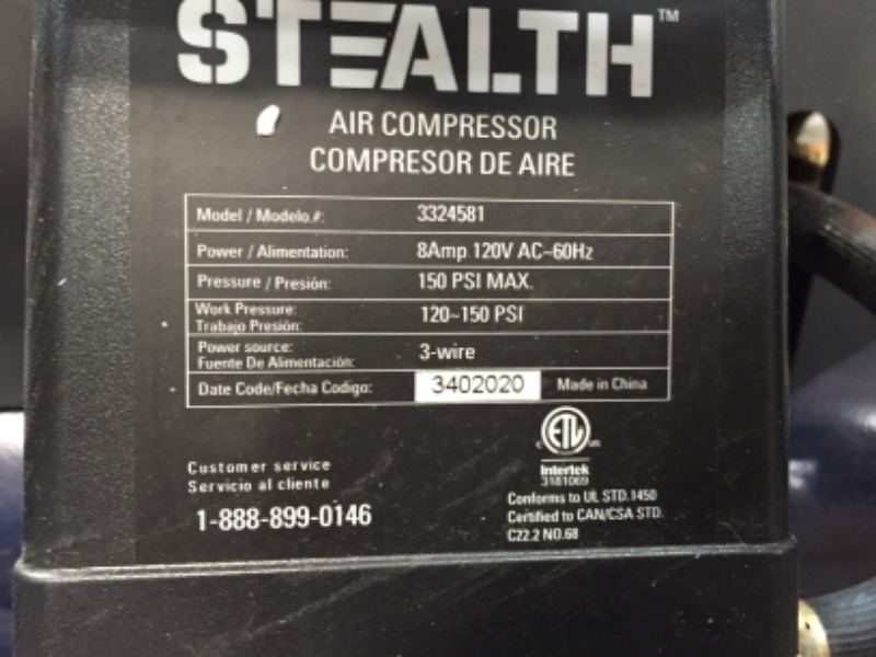 Photo 2 of **DAMAGED**
STEALTH Air Compressor, Ultra Quiet, Oil-Free and Long Life Cycle,1.3 Hp 4.5 Gallon Compressor (Blue)
