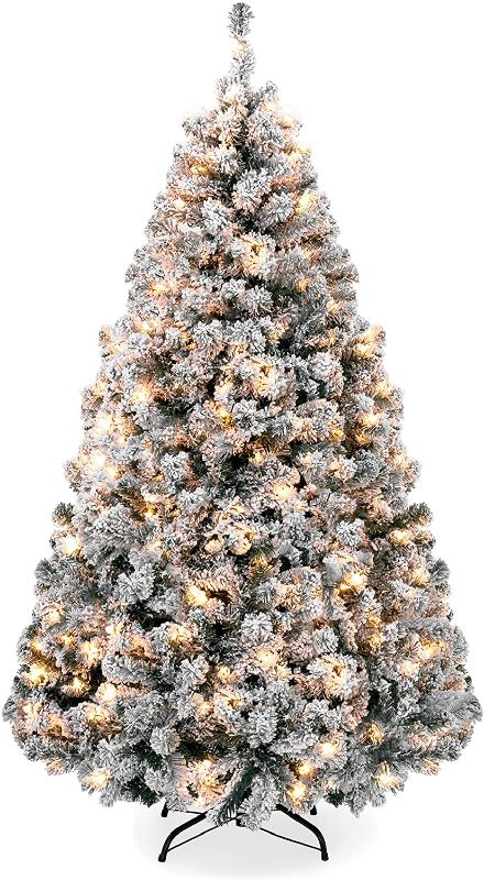 Photo 1 of **SIZE AND MODEL UNKNOWN**
Pre-Lit Snow Flocked Artificial Holiday Christmas Pine Tree for Home, Office, Party Decoration w/  Warm White Lights, Metal Hinges & Base