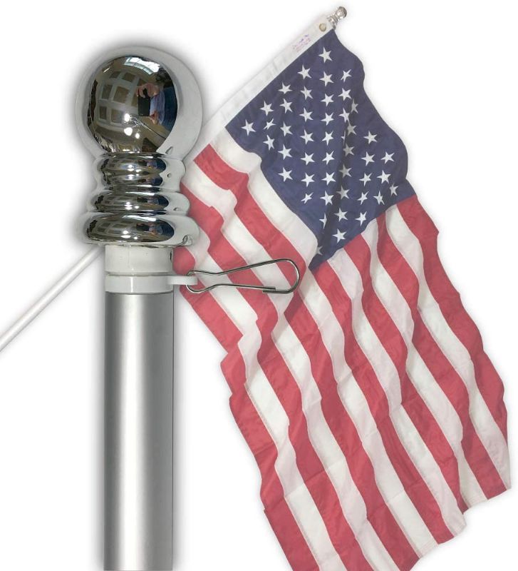 Photo 1 of **DAMAGED**
Flag Pole - 6 Foot Silver Brushed Aluminum No Tangle Spinning Flagpole with Silver Globe Built Tough and Beautiful to Fly Grommeted or Sleeve Flags Proudly in Residential House or Commercial Settings
