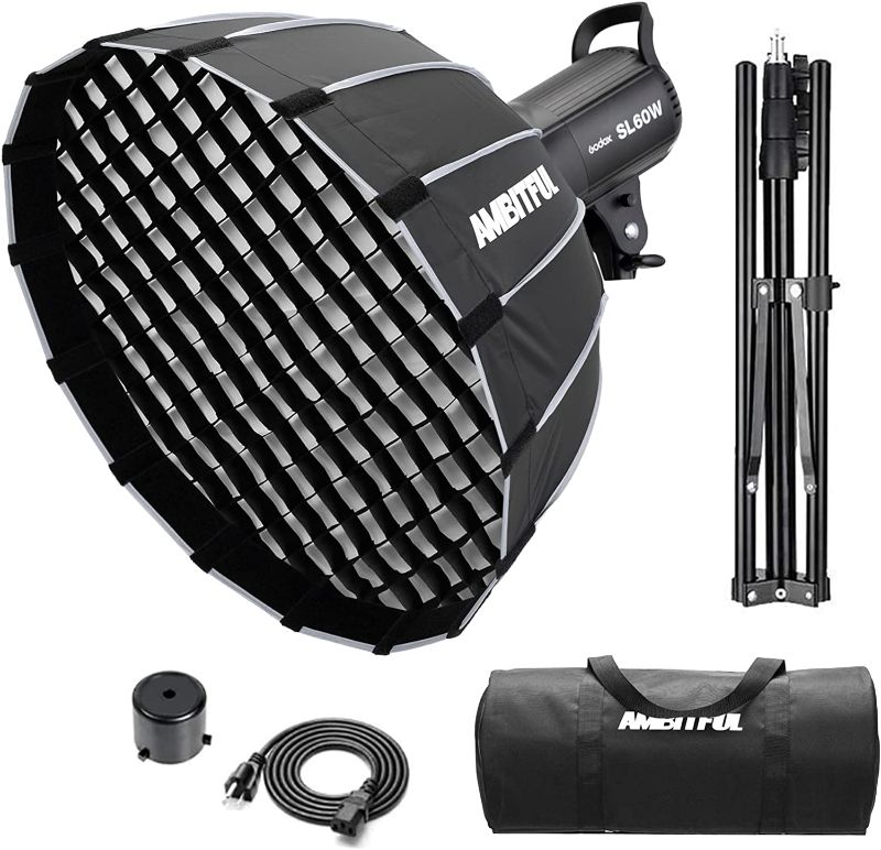 Photo 1 of Godox SL-60W CRI 95+ LED Video Light SL60W White 5600K Version 60WS Bowens Mount with AMBITFUL P60 Quick Installation Soft Box,Carrying Bag, Light Stand
