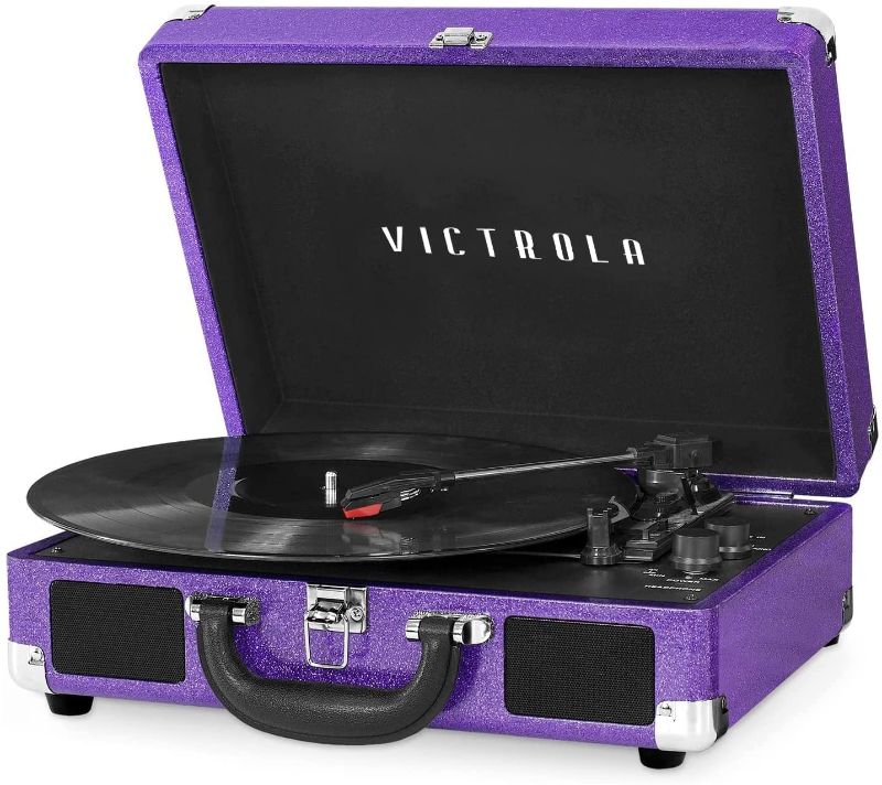 Photo 1 of Victrola Vintage 3-Speed Bluetooth Portable Suitcase Record Player with Built-in Speakers | Upgraded Turntable Audio Sound| Includes Extra Stylus | Purple Glitter (VSC-550BT-GPR), 1SFA
