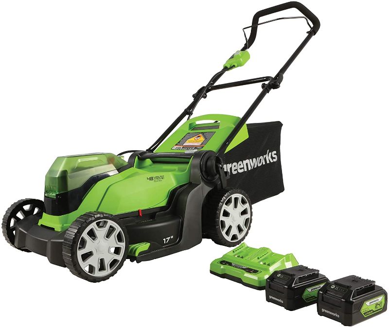 Photo 1 of Greenworks 48V 17" Cordless Lawn Mower, (2) 4.0Ah USB Batteries (USB Hub) and Dual Port Rapid Charger Included (2 x 24V)
