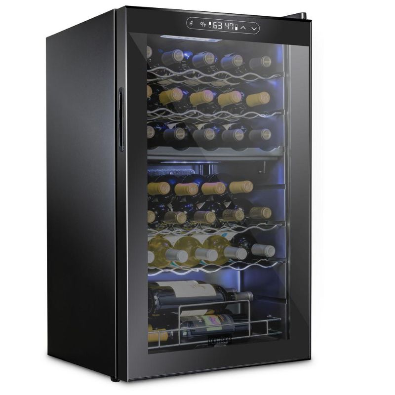 Photo 1 of Schmecke 19.4 in. 33 Bottle Dual Zone Compressor Freestanding Wine and Beverage Cooler, Black
