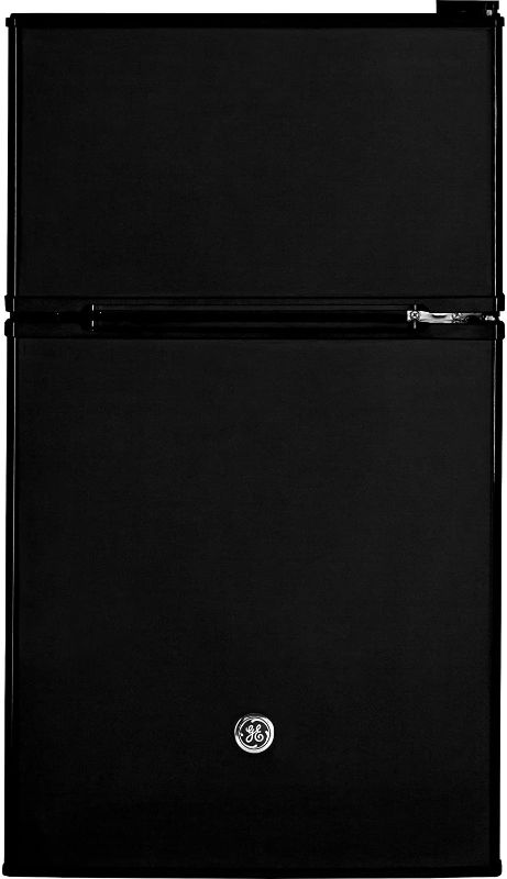 Photo 1 of **DAMAGED** GE Mini Fridge With Freezer | 3.1 Cubic Ft. | Double-Door Design With Glass Shelves, Crisper Drawer & Spacious Freezer | Small Refrigerator Perfect for the Garage, Dorm Room, or Bedroom | Black

