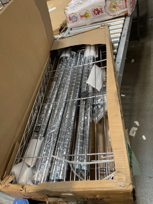 Photo 1 of Amazon Basics 4-Shelf Shelving Storage Unit on 3'' Wheel Casters, Chrome Silver (36L x 14W x 57.75H) & 3-Shelf Heavy Duty Shelving Storage Unit on 2' Wheel Casters, Chrome (23.2L x 13.4W x 32.75H)
