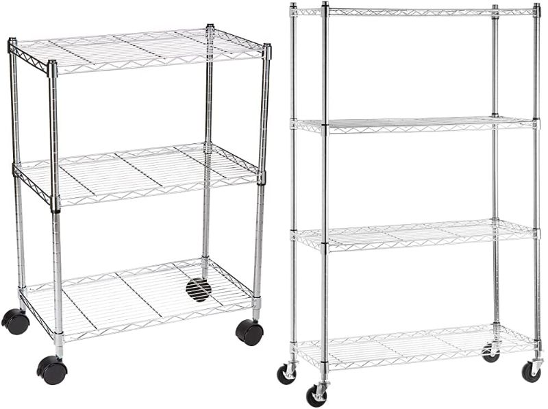 Photo 1 of Amazon Basics 4-Shelf Shelving Storage Unit on 3'' Wheel Casters, Chrome Silver (36L x 14W x 57.75H) & 3-Shelf Heavy Duty Shelving Storage Unit on 2' Wheel Casters, Chrome (23.2L x 13.4W x 32.75H)

