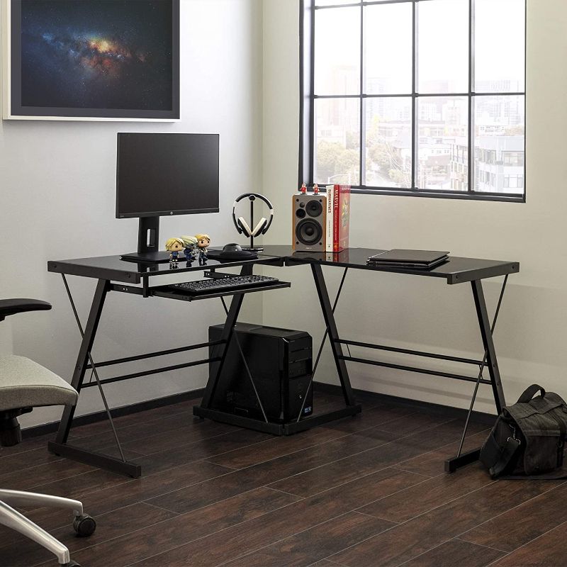 Photo 1 of Walker Edison Ellis Modern Glass Top L Shaped Corner Gaming Desk with Computer Keyboard Tray, 51 Inch, Black
