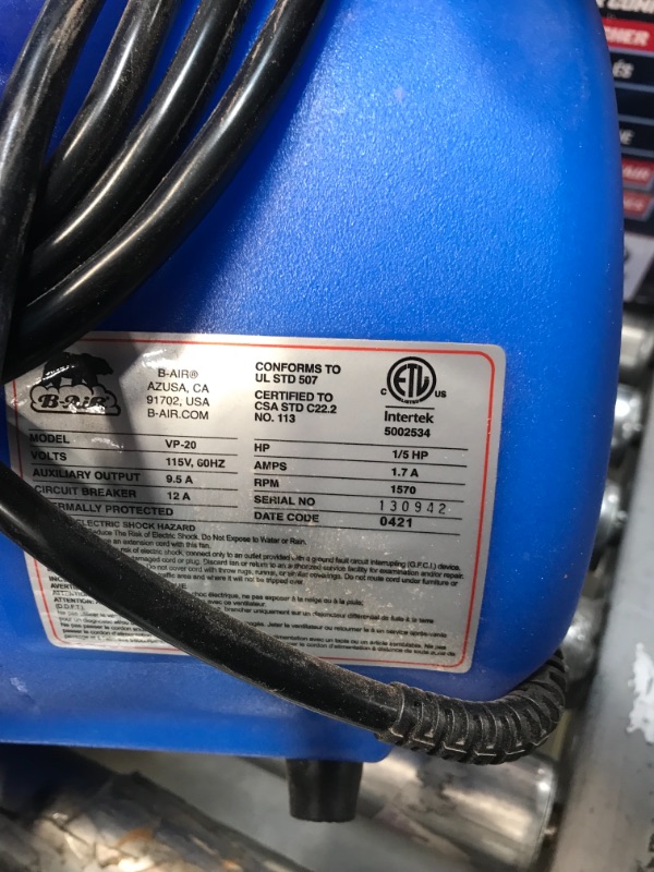 Photo 3 of VP-20 1/5 HP Air Mover for Water Damage Restoration Carpet Dryer Floor Blower Fan Home and Plumbing Use in Blue
