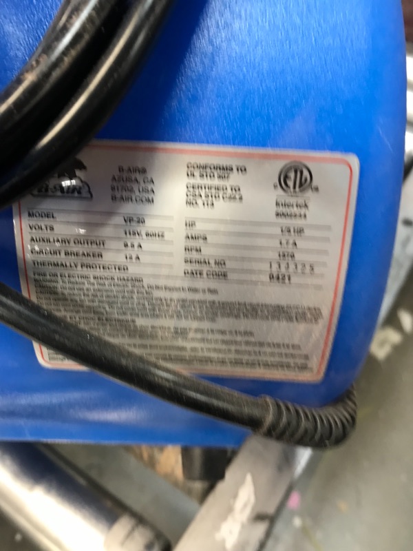 Photo 1 of VP-20 1/5 HP Air Mover for Water Damage Restoration Carpet Dryer Floor Blower Fan Home and Plumbing Use in Blue
