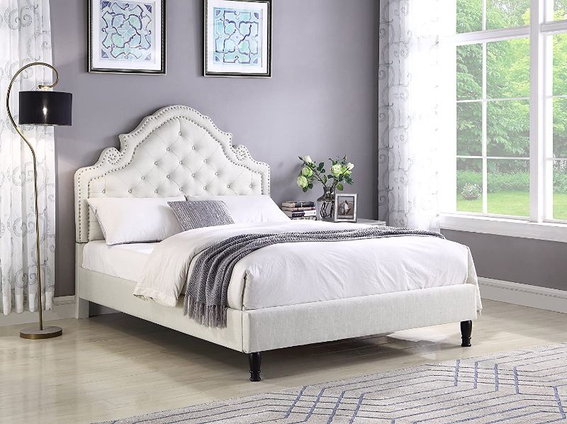 Photo 1 of ***BOX 2 of 2*** HomeLife Premiere Classics 51" Tall Platform Bed with Cloth Headboard and Slats - Queen (Light Beige Linen)
