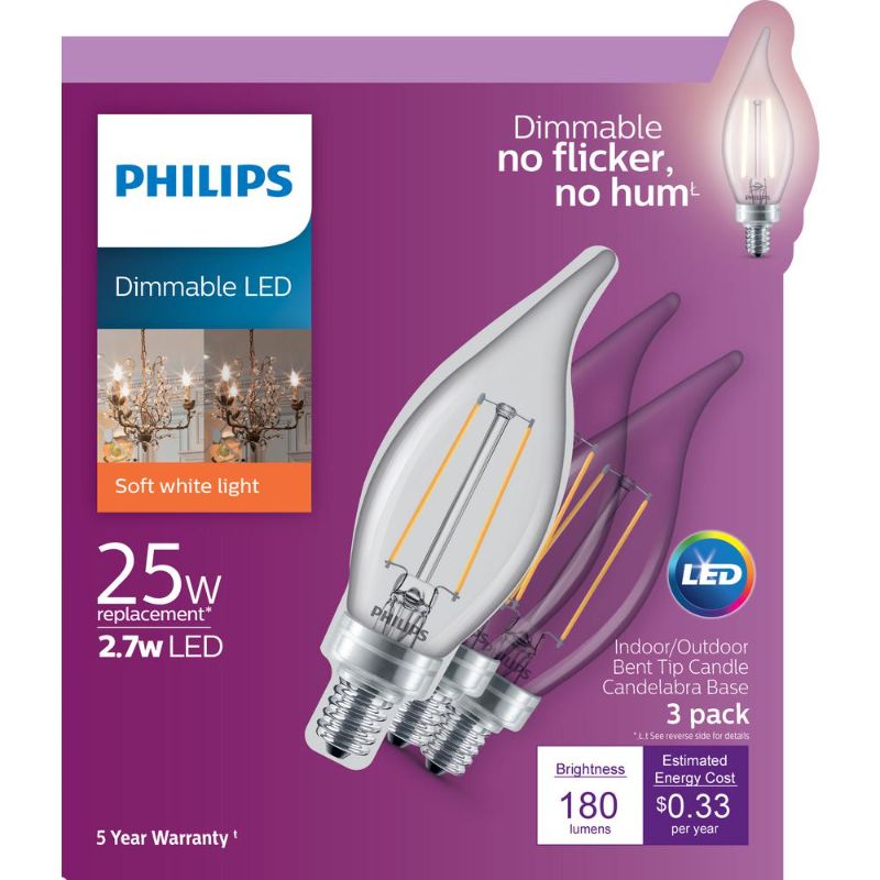 Photo 1 of 2pck-Philips 25-Watt Equivalent B11 Dimmable LED Bent Tip Candle Light Bulb Soft White
