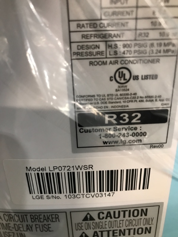 Photo 1 of LG Electronics 7,000 BTU (DOE) 115-Volt Portable Air Conditioner LP0721WSR with Dehumidifier Function and LCD Remote in White