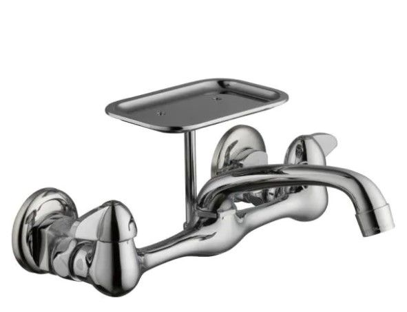 Photo 1 of 2-Handle Wall-Mount Kitchen Faucet with Soap Dish in Chrome
