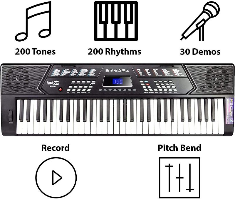 Photo 1 of RockJam 61 Key Keyboard Piano With Pitch Bend Kit, Keyboard Stand, Piano Bench, Headphones, Simply Piano App & Keynote Stickers (only some keys work)
