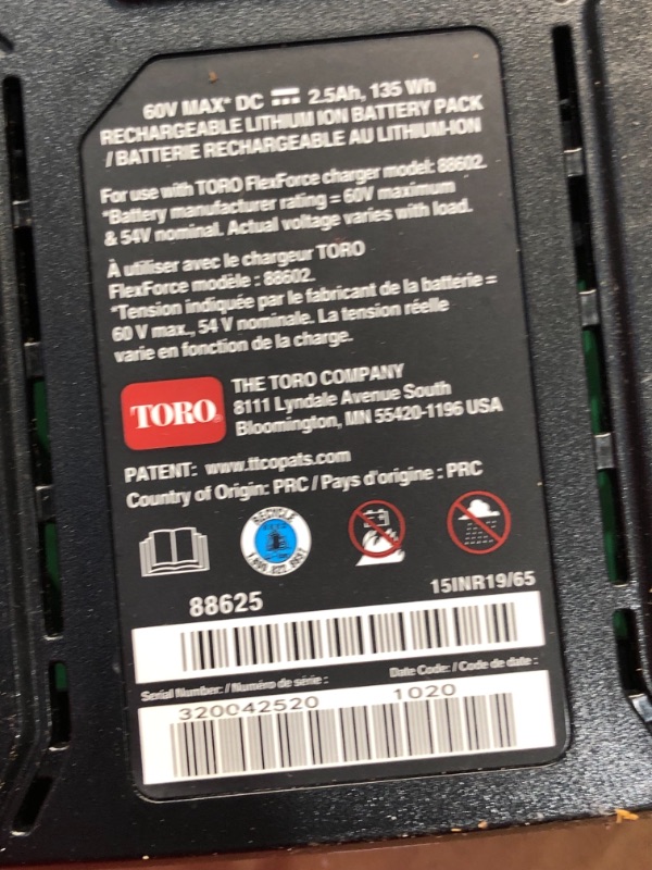 Photo 7 of *PARTS ONLY  **Toro Flex-Force 16 in. 60-Volt Max Lithium-Ion Battery Electric Cordless Chainsaw, 2.5 Ah Battery and Charger Included
