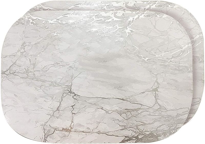 Photo 1 of 2pck-Marble Cork Foiled Granite Thick Cork Heat Resistant Dining Table Placemats Printed Foil Marble Designed Oval 12x18 Placemat in Silver
