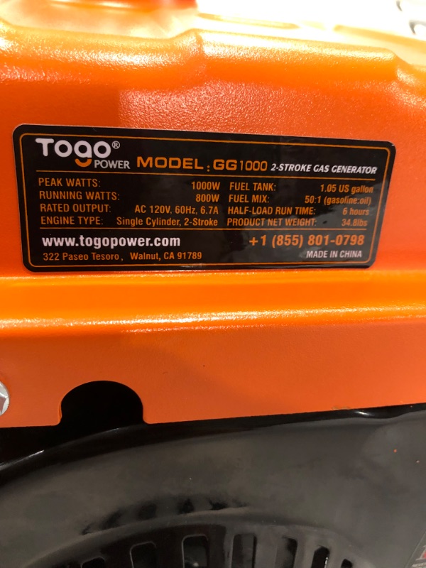 Photo 5 of TogoPower GG1000 PowerSmart Generator 800 Rated Watts & 1000 Peak Watts for Gasoline Powered Portable Generator
