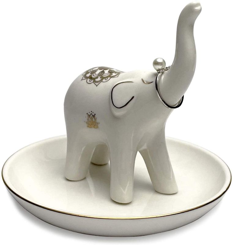 Photo 1 of 2PCK-FIRST THRONE Elephant Jewelry Holder, Ring Earring Organizer Holder White Elephant Jewelry Dish Trinket Tray Wedding Bowl Stand Gifts for Women Girls (WHITE ELEPHANT)
