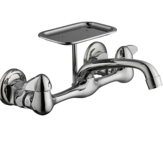 Photo 1 of 2-Handle Wall-Mount Kitchen Faucet with Soap Dish in Chrome
