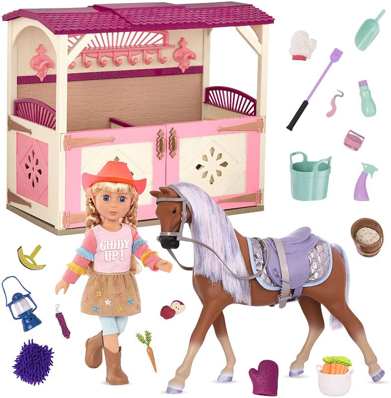 Photo 1 of Glitter Girls Dolls – Equestrian Playset – Floe, Celestial & All Asparkle Acres – Poseable 14” Doll, Horse, and Stable Accessory – Toys for Kids Ages 3+
