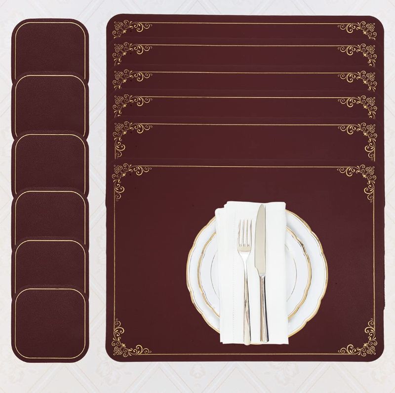 Photo 1 of ***BIG ONES ONLY*** FULMEKY Placemats for Dining Table Heat Resistant Non-Slip Kitchen Table Mats Set of 6 with Coaster for Dining Table Easy to Clean Heat Resistant Placemats (Wine Red, 6Pcs Placemats)
