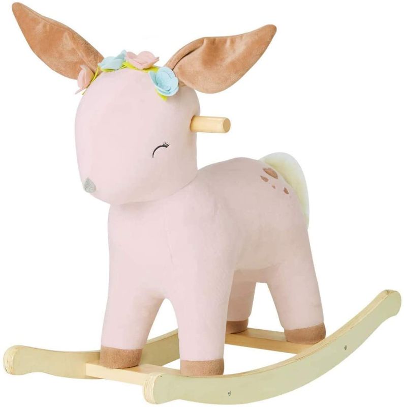 Photo 1 of labebe - Baby Rocking Horse Wooden, Pink Deer/Fawn Rocking Horse, Infant Rocker for Nursery, Ride on Toys for Girl/Boy 1-3 Years Old, Kid Riding Toys/Horse, Plush Stuffed Rocking Animal with 3 Songs
