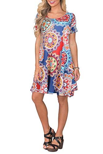 Photo 1 of DB MOON Women Summer Casual Short Sleeve Dresses Empire Waist Dress with Pockets (Flower NAVY Blue, L)