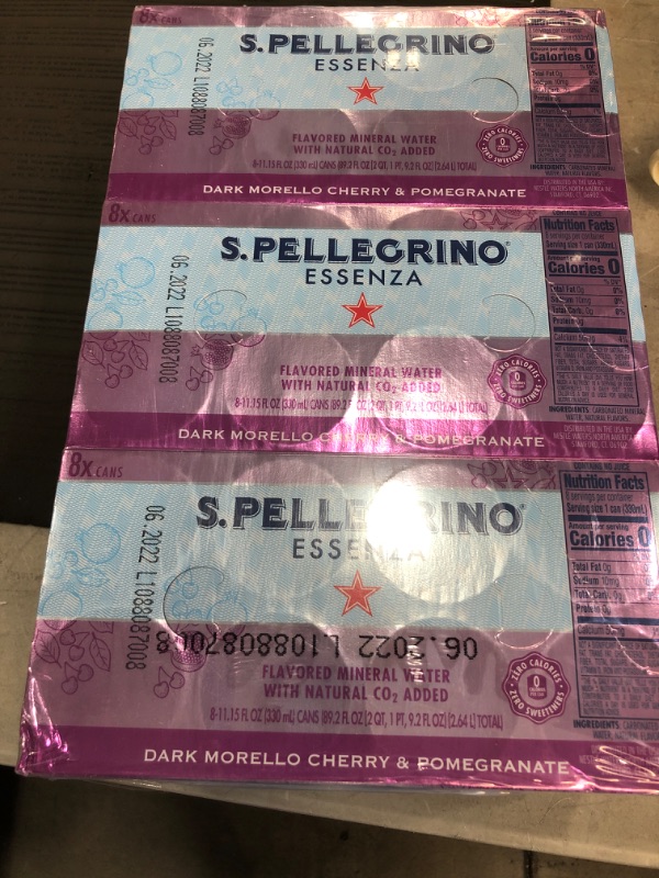 Photo 2 of  best by date 6/2022 S.Pellegrino Essenza Dark Morello Cherry & Pomegranate Flavored Mineral Water, 11.15 Fl Oz Can (24 Pack)