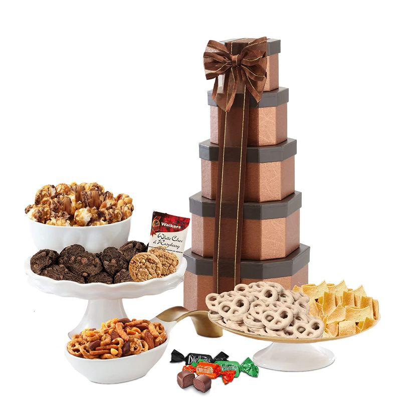 Photo 1 of  best buy date 10/28/21 Tower of Sweet Gift Set (5 Box Set with Decorative Ribbon) – Perfect for Valentines Day, Birthday, Corporate, Get Well, Thank You, or Any Holiday Occasion – Gourmet Baskets Food Gifts