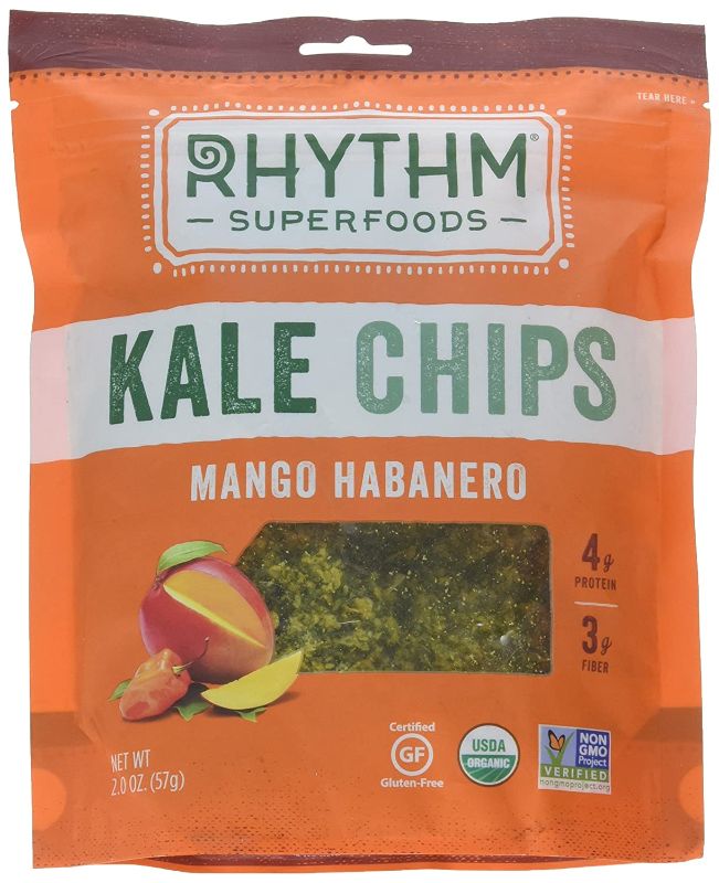 Photo 1 of  box of 4, sell by date 01/03/2022 Rhythm Superfoods Chip Kale Mango Habanero Organic, 2 oz