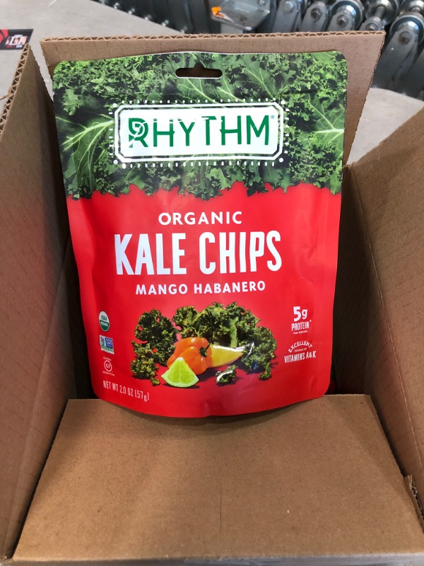 Photo 2 of  box of 4, sell by date 01/03/2022 Rhythm Superfoods Chip Kale Mango Habanero Organic, 2 oz