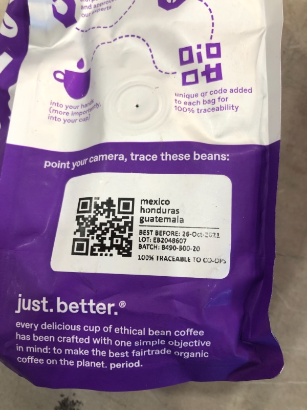 Photo 2 of  best  before 10/26/2021 Ethical Bean Sweet Espresso Medium Dark Roast Fairtrade Organic Whole Bean Coffee (12 oz Bag