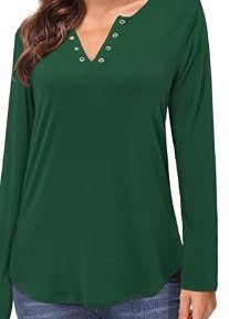 Photo 1 of similar to stock photo**Arach&Cloz Womens Long Sleeve Casual V Neck Solid Tunic Tops Loose Fall T Shirts **large blackish green**