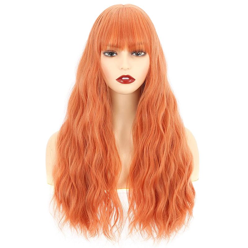 Photo 1 of Imierfa 26 Inch Long Wigs with Bangs for Women Natural Looking Machine Made Synthetic Wig Hair Replacement Wigs for Party Cosplay Colorful Wigs Color Orange
