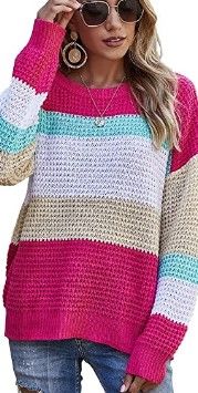 Photo 1 of MsLure Women’s 8 **Casual Striped Color Block Knit Sweater Oversized Crew Neck Long Sleeve Loose Pullover Tunic Blouse Tops
