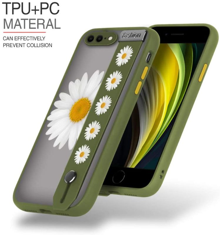 Photo 1 of iPhone 7 Plus Case,iPhone 8 Plus Case with Straps Clear Case Daisy Pattern Shockproof Full Body Protection Soft TPU Frame and Hard PC Back Scratch-Resistant Cover - Army Green