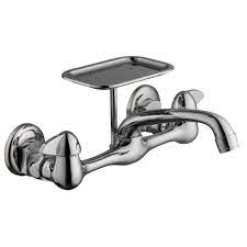 Photo 1 of 2-Handle Wall-Mount Kitchen Faucet with Soap Dish in Chrome