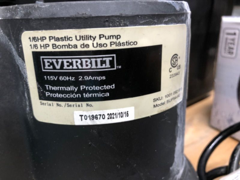 Photo 3 of Everbilt SUP54-HD 1/6 HP Plastic Utility Pump
model: SUP54-HD
serial number: T019670 (10/16/2021)