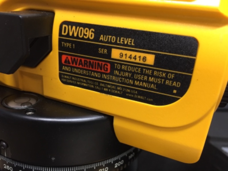 Photo 3 of **MISSING TRIPOD**
DEWALT DW096PK 26X Automatic Optical Level Kit with Tripod, Rod, and Carrying Case , Yellow