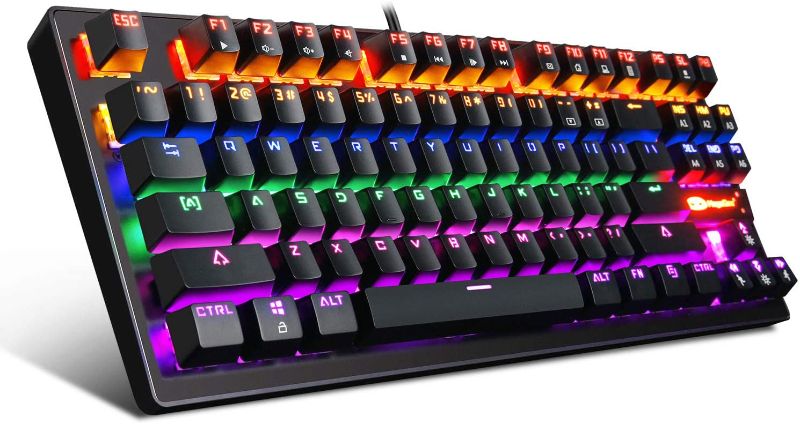 Photo 1 of Mechanical Keyboard 87 Keys Small Compact Multicolour LED Backlit - MK1 Wired USB Gaming Keyboard with Blue Switches, 100% Anti-Ghosting, Metal Construction, Water Resistant for Windows PC Laptop Game
