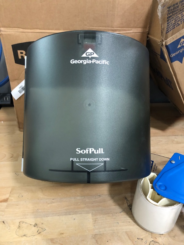 Photo 2 of **LOCKED** SofPull Centerpull Paper Towel Dispenser Trial Kit by GP PRO, 58206, 1 Translucent Smoke Regular Centerpull Paper Towel Dispenser, 58204 and 1 Regular Centerpull Premium Paper Towel Refill, 28124
