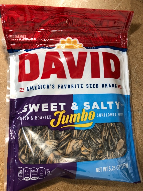 Photo 2 of **BEST BY 09-16-2022**DAVID Roasted and Salted Sweet and Salty Jumbo Sunflower Seeds, Keto Friendly, 5.25 oz 12-PACK