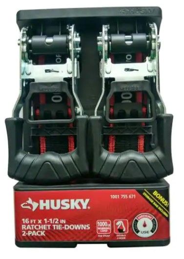 Photo 1 of Husky
16 ft. x 1-1/2 in. Ratchet Tie-Down Straps with J Hook (2-Pack)