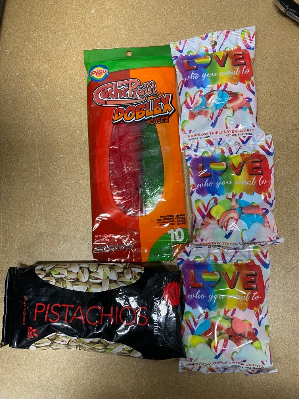 Photo 1 of **NON-REFUNDABLE**
- Dulces Pigui Slaps Doblex Picosita Flavor Paletas Mexican Candy (10 Lollipops) NO EXPIRATION DATE 
- Wonderful Pistachios, Sweet Chili Flavor, 14 Ounce Bag EXP 11/16/22
- Rainbow Triple Layer Hearts- Love Who You Want to Love 5oz Digi