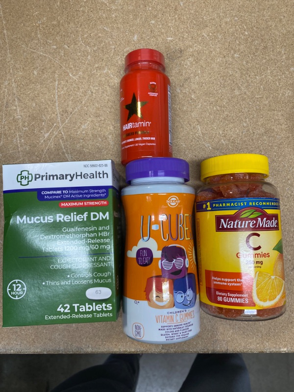 Photo 1 of - Primary Health Mucus Relief DM Maximum Strength Dextromethorphan 60mg EXP 05/22 
- Solgar U-Cubes Children's Vitamin C, 90 Gummies - Includes 2 Great-Tasting Flavors, Orange & Strawberry - Immune Support - For Ages 2 & Up - Non GMO, Vegan, Gluten Free, 