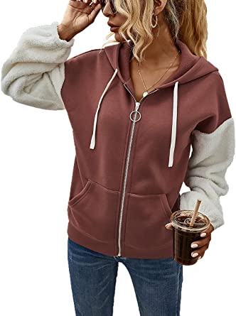 Photo 1 of Misakia Women's Long Sleeve Hoodie Fleece Jacket Zip-Up Patchwork Contrast Color Sweatshirt Coat with Pockets SMALL CHERRY RED 
