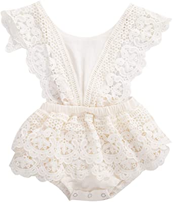 Photo 1 of 2Pcs Newborn Baby Girl Lace Ruffles Sleeve Bodysuits Backless Jumpsuit Clothes Romper Set
